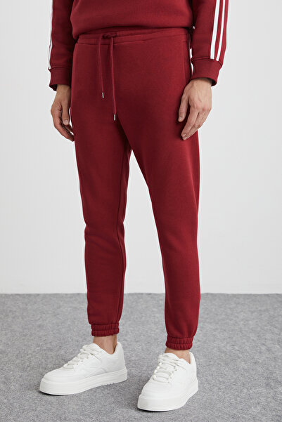 GRIMELANGE Lasting Men's Organic Cotton Embroidered Fleece Inside Pocket Jogger Burgundy Sweatpants