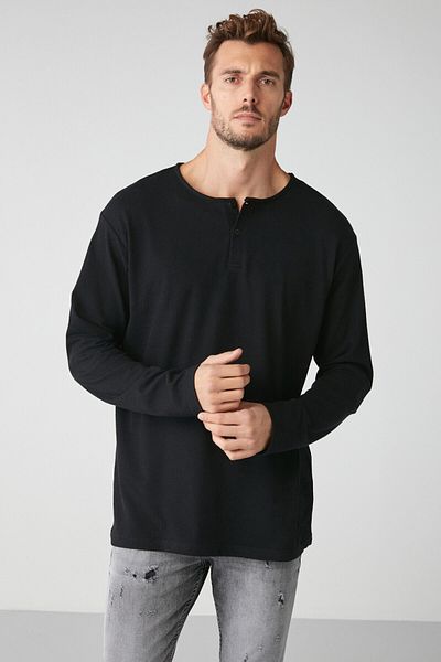 GRIMELANGE Lorenzo Herren-Sweatshirt, speziell, rustikal, strukturiert, 100 % Bio-Baumwolle, Knopfdetail, normales schwarzes Sweatshirt