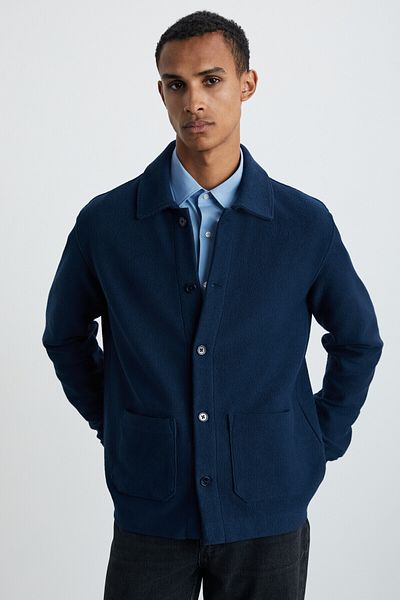 GRIMELANGE Andros Men's Rustic Textured Fabric Thick Winter Large Pocket Navy Blue Jacket