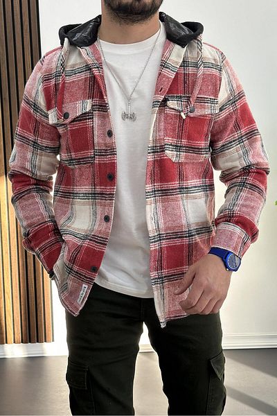 Edwox Red Hooded Men's Lumberjack Shirt - Edw221