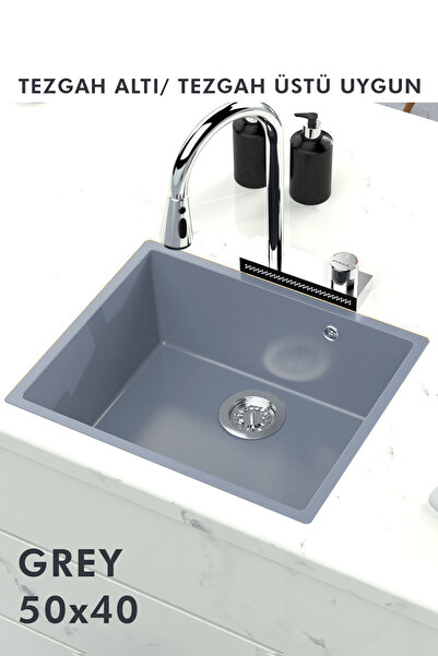 HENASURFACE Granit Eviye Tek Gözlü Gri 50x40 Evye Kuvars Tezgah Altına Uygun