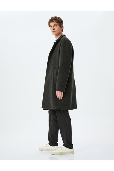 Koton Midi Length Cashmere Coat with Judge Collar Pocket Detail