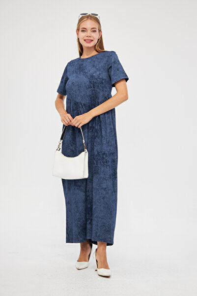 CrazyShopping Kadın Asit Yıkama Efektli Cupra Kısa Kollu Büzgülü Örme Maxi Elbise