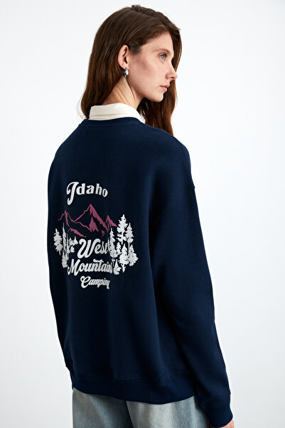 GRIMELANGE Elınay Kadın Pamuklu Oversize Fit Ön Arka Baskı Detaylı Koyu Mavi Sweatshirt
