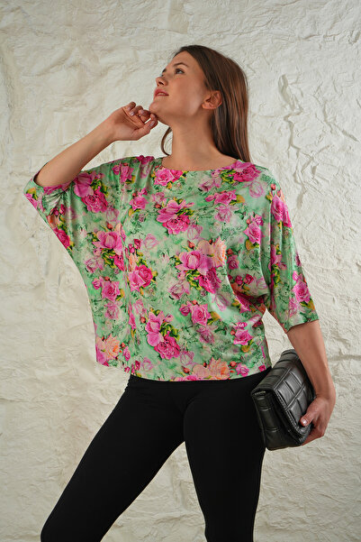 ESPİNA Women's Oversize Viscose Floral Bat Sleeve T-Shirt