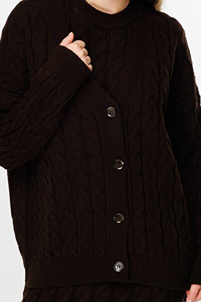 Hooopstore Saç Örgü Triko Kahve Elbise Hırka Takım