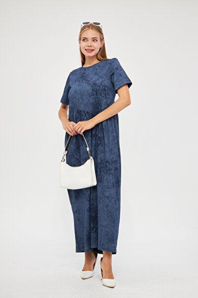 CrazyShopping Kadın Asit Yıkama Efektli Cupra Kısa Kollu Büzgülü Örme Maxi Elbise