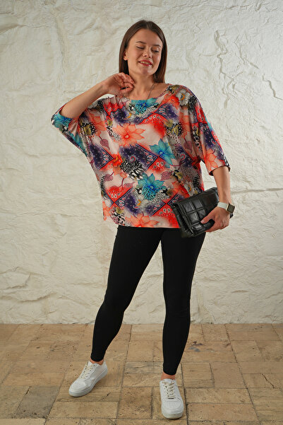 ESPİNA Women's Oversize Viscose Floral Bat Sleeve T-Shirt