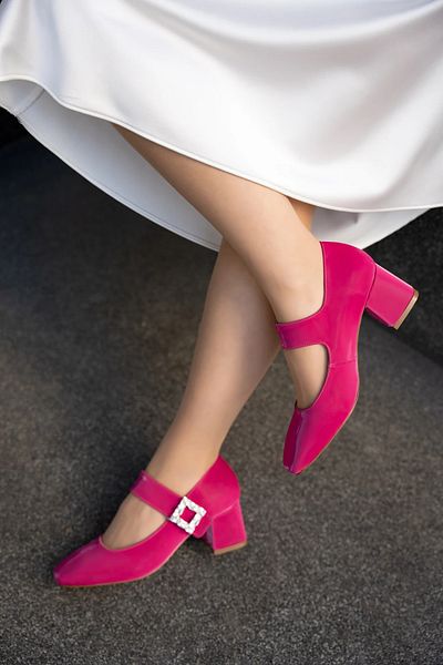 LAMİNTA Pantofi cu toc de damă cu toc gros fucsia cu velcro cu detaliu de piatră