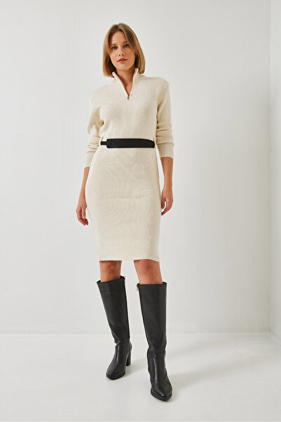 Bianco Lucci Γυναικείο μακρύ πλεκτό φόρεμα με φερμουάρ και ζώνη 60351145