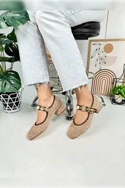 İmerShoes Balerini de zi cu zi bej Tocuri cu bretele perle Cataramă reglabilă Varf oval Pantofi ușoare și confortabili 381