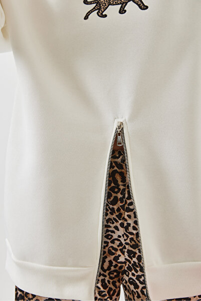 Bianco Lucci Γυναικείο φούτερ με φερμουάρ μπροστά με τρεις κλωστές με στάμπα λεοπάρ 60351258