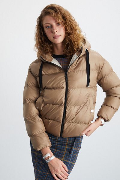 GRIMELANGE Chantal Women's Hooded Elastic Sleeve Windproof Double Pocket Puffer Beige Coat