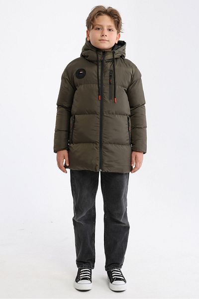 QAWWA Khakifarbene, winddichte, aufblasbare Winterjacke mit Kapuze für Jungen