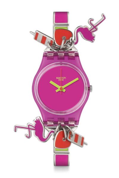 Swatch ساعة نسائية ثنائية اللون من الفولاذ المقاوم للصدأ، مينا وردي، موديل LP139G