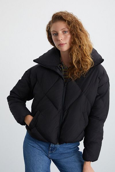 GRIMELANGE Manon Women's Stand Collar Quilted Patterned Medium Thickness Windproof Inflatable Outerwear Black Coat