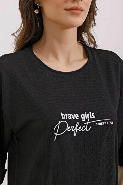 Bigdart 2452 Baskılı Oversize Örme Elbise - Siyah