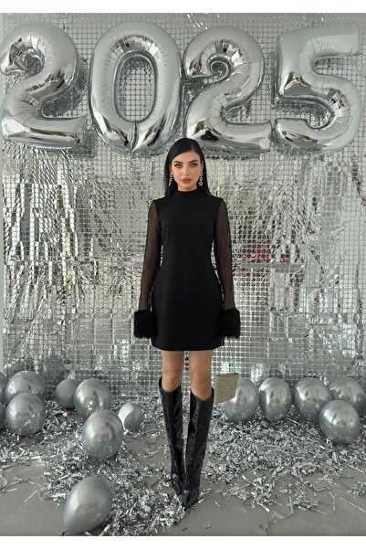 conconmoda File Detaylı Peluş Kol Mini Atlas Elbise