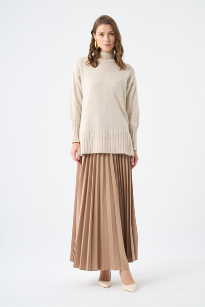 Mizalle Basic Örme Pliseli Krep Bej Etek