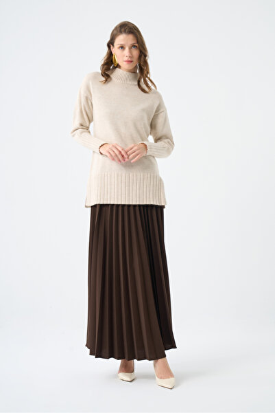 Mizalle Basic Örme Pliseli Krep Kahve Etek