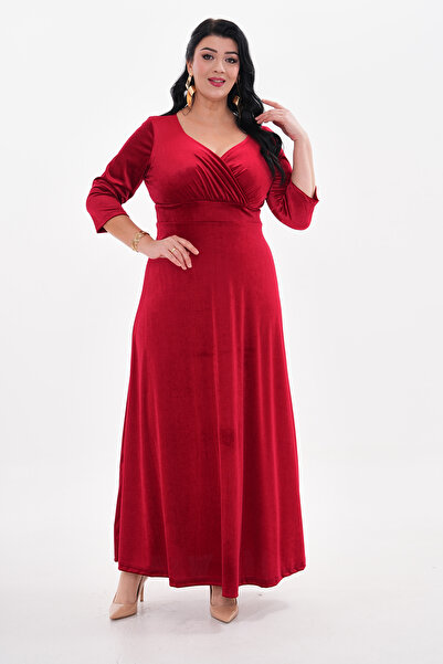 IŞILTI Plus Size Velvet - Flexible Lycra, Double Breasted Neckline and Half Sleeve Long Skirt 3121