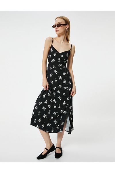 Koton Midi Floral Patterned Rope Strap V-Neck Viscose Dress - Button Detailed