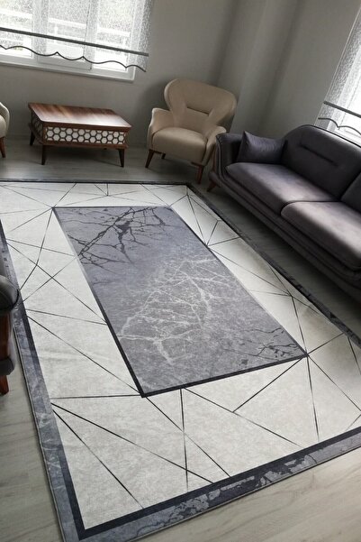 VOPTEKS Beyaz Gri Modern Makinede Yıkanabilir Halı