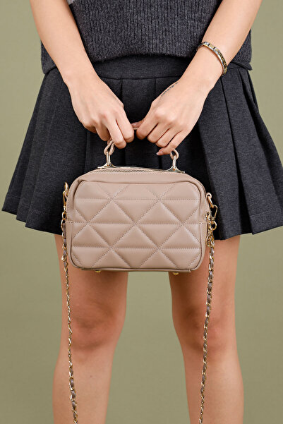 Getcho Scener Women's Mink Handbag with Chain Strap Quilted Patterned Small Size Women's Crossbody and Shoulder Bag