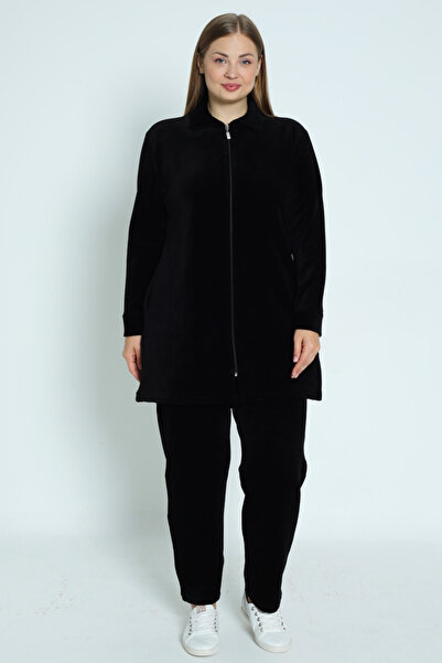 İntensive Women's Plus Size Black Zip Pocket Long-Sleeved Cotton Velvet Bottom Top Suit