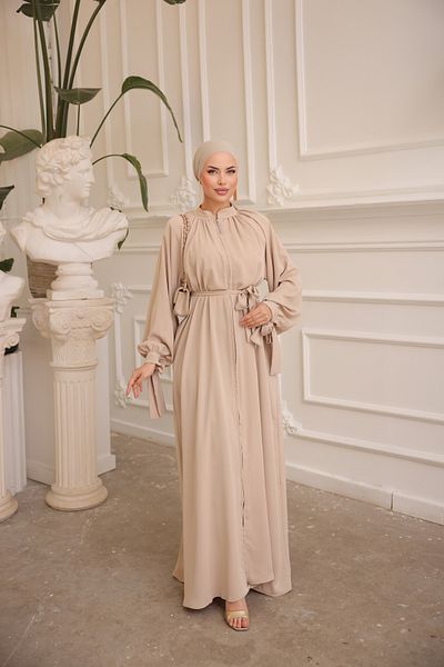 Nissra Ankanoor Dark Beige Judge Collar Belted Abaya Anka255035