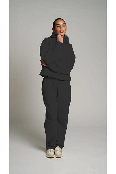The Champ Clothing Μαύρη κουκούλα Basic Waist Elastic Pipe Oversize Σετ φόρμας με τσέπη στα πόδια