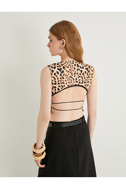 Koton Leopard Print Crop Top - Sleeveless and Window Detailed Back