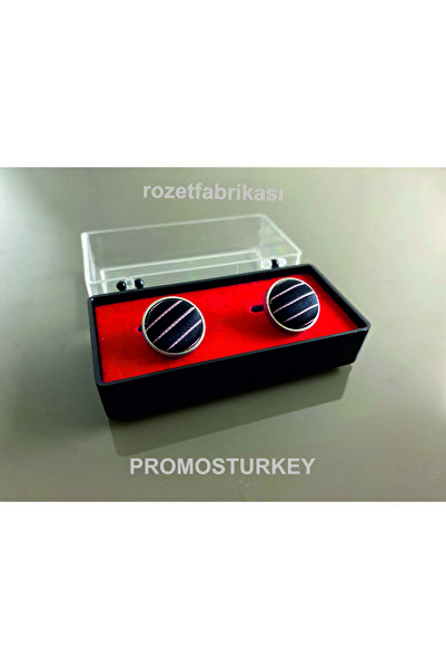 PROMOSTURKEY SİYAH KUMAŞ DESENLİ ÇİZGİLİ LÜKS KOL DÜĞMESİ
