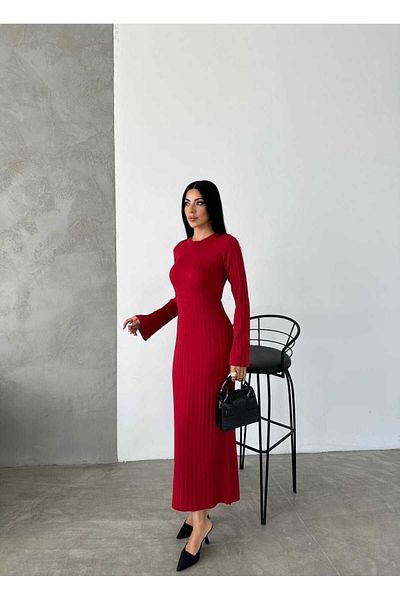 MODA DİNA Crew Neck Knitted Pattern Long Knitwear Dress