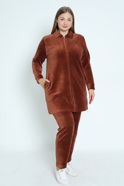 İntensive γυναικεία plus size καφέ τσέπες με φερμουάρ μακρυμάνικο βαμβακερό βελούδινο επάνω σετ