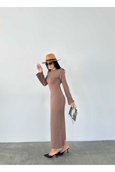 MODA DİNA Καφέ Πλεκτό Φόρεμα με λαιμόκοψη