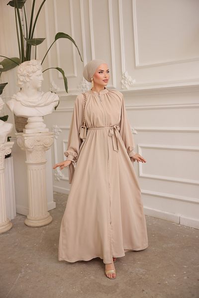 Nissra Ankanoor Dark Beige Judge Collar Belted Abaya Anka255035