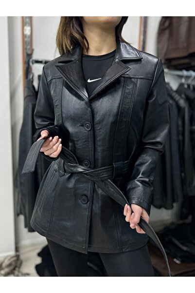 Şahan Deri Denizli سترة Cielo سوداء للنساء من الجلد الطبيعي بحزام