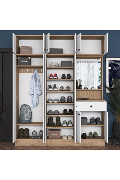 Rani Mobilya Rani EA142 Portmanto Çekmeceli Aynalı Askılı Ayakkabılık Vestiyer Sepet Ceviz - Beyaz