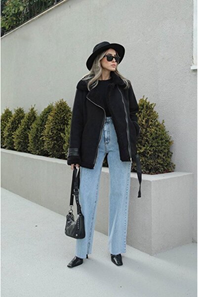 Sindimoda Yeni Sezon Süet Kaplama Biker Oversize Kaban