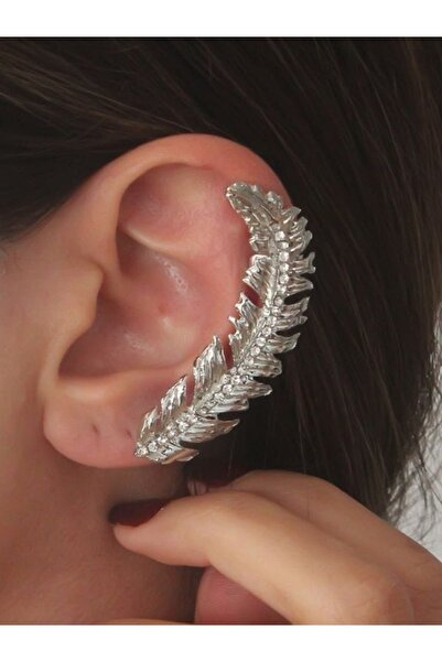 Shisa Jewel Gümüş Renk Kuş Tüyü Model Taşlı Kıkırdak Küpe (A14)