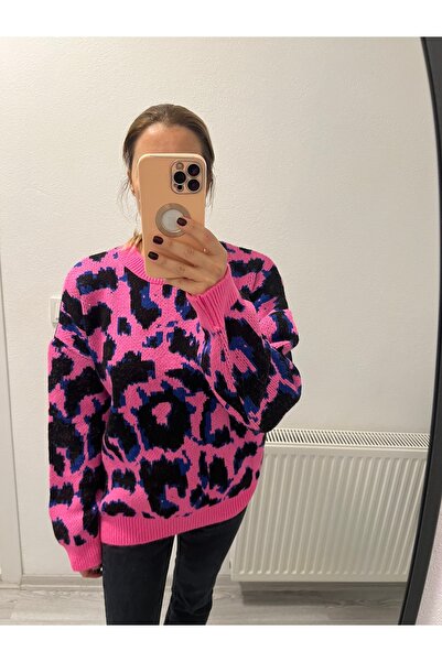 Miyu Accessories Miyu Kadın Leopar Desen Fuşya Kazak