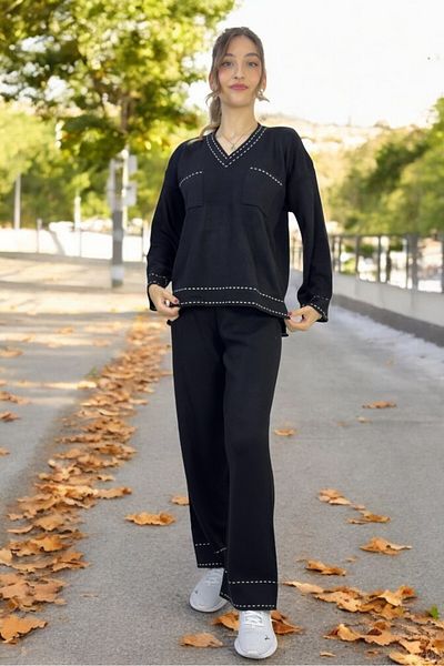 yagmurberen Stitch Patterned 100% Acrylic V-Neck Bottom Top Kit Set