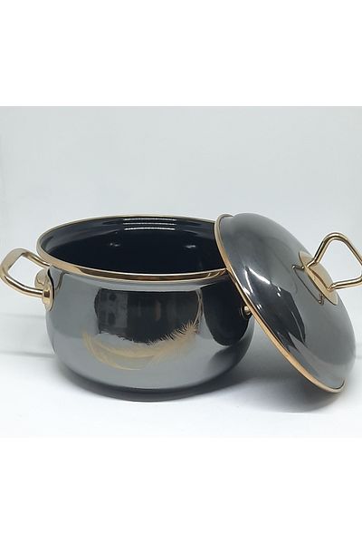 Avşar Enamel House 18 cm 2 Liter Anthracite Yellow Feather Vintage Enamel Cooker
