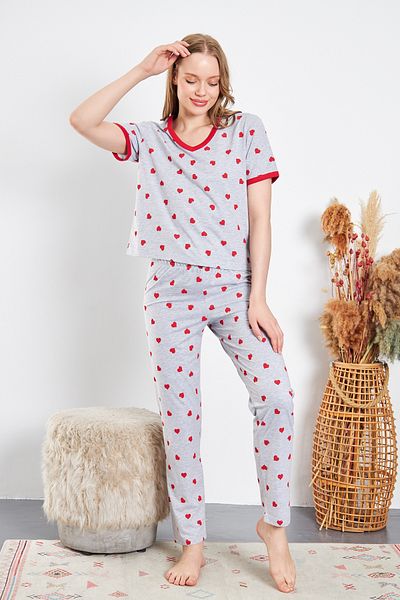 CrazyShopping Women's 2-Piece Set T-shirt/Pajama Metrag Printed Cotton Knitted Heart Pajama Set