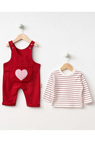NUNU BABY Heart Punch Embroidered Salopet Set - Red
