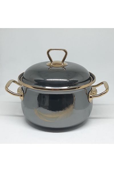 Avşar Enamel House 18 cm 2 Liter Anthracite Yellow Feather Vintage Enamel Cooker