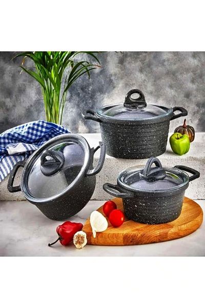 Eda Burak Eda 3-Piece Gray Granite Cast Pot Set - Glass Lid, 16-18-20 cm