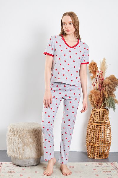 CrazyShopping Women's 2-Piece Set T-shirt/Pajama Metrag Printed Cotton Knitted Heart Pajama Set
