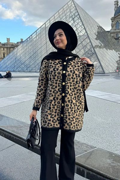 trendalisse Tricotaj cu nasturi cu model leopard Cardigan lung moale